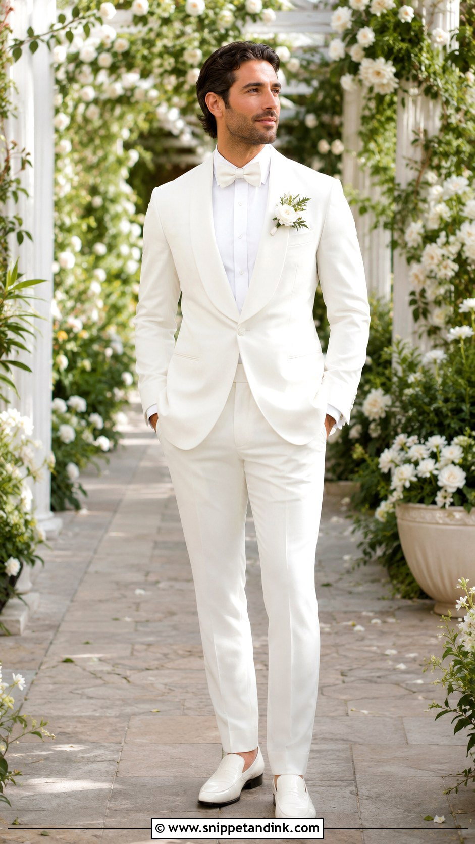 White Tuxedo With Floral Boutonniere - Snippet and Ink - 20 All White Tuxedo Wedding Ideas