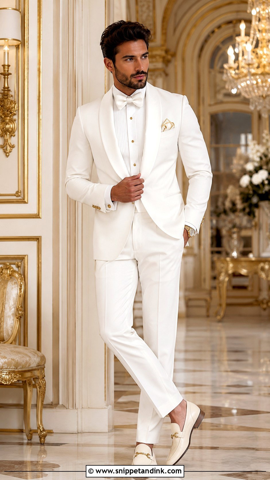 White Tuxedo With Gold Accessories - Snippet and Ink - 20 All White Tuxedo Wedding Ideas