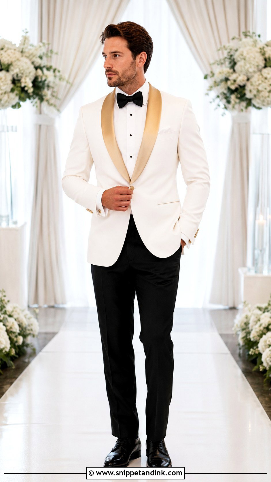 White Tuxedo With Gold Lapels - Snippet and Ink - 20 Gold Tuxedo Wedding Ideas
