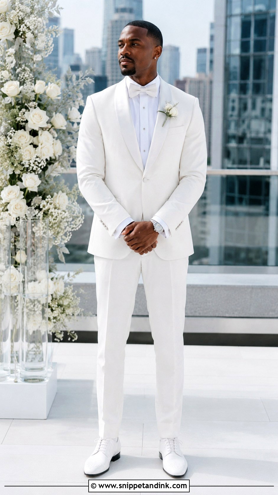 White Tuxedo With Silver Accessories - Snippet and Ink - 20 All White Tuxedo Wedding Ideas