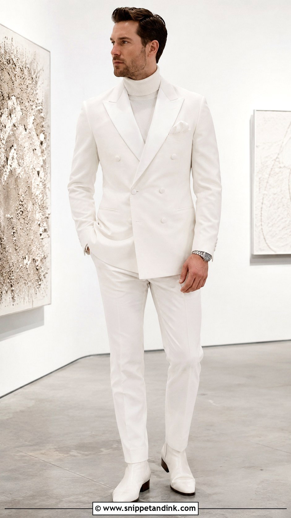 White Tuxedo With Turtleneck - Snippet and Ink - 20 All White Tuxedo Wedding Ideas