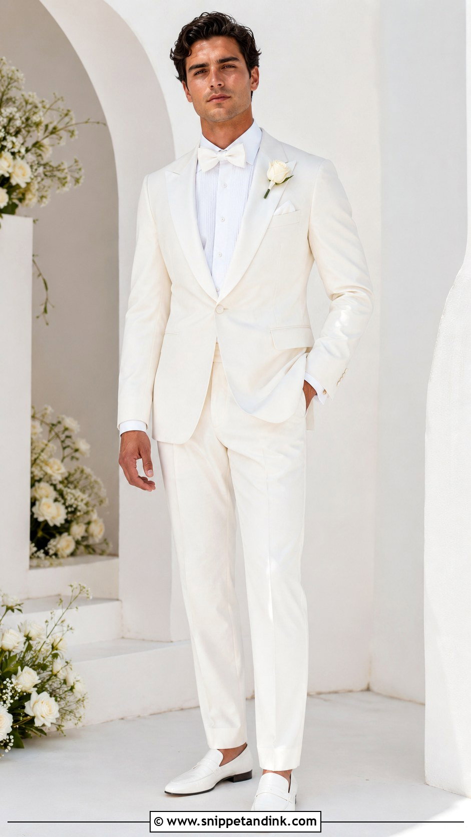 White Tuxedo With White Bow Tie - Snippet and Ink - 20 All White Tuxedo Wedding Ideas