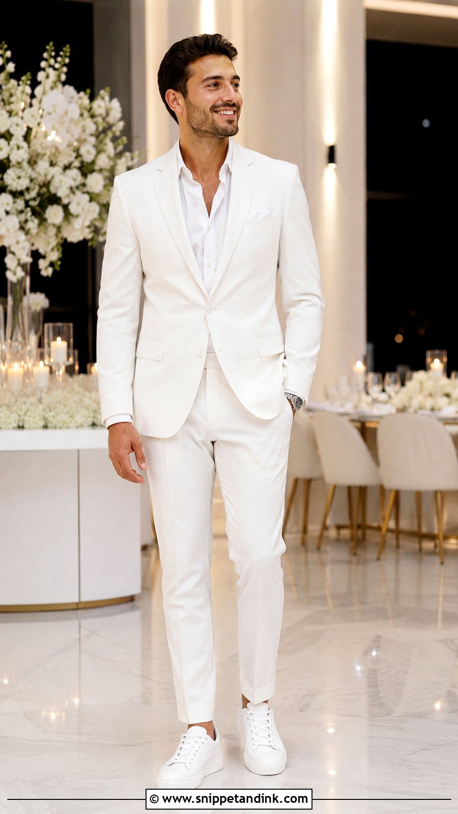 White Tuxedo With White Sneakers - Snippet and Ink - 20 All White Tuxedo Wedding Ideas
