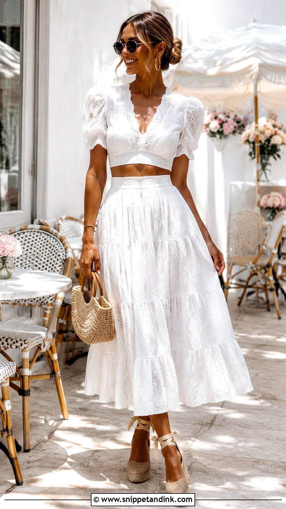 White Two Piece Set Bachelorette Brunch Outfit - Snippet and Ink - 20 Bridal Event Outfit Ideas