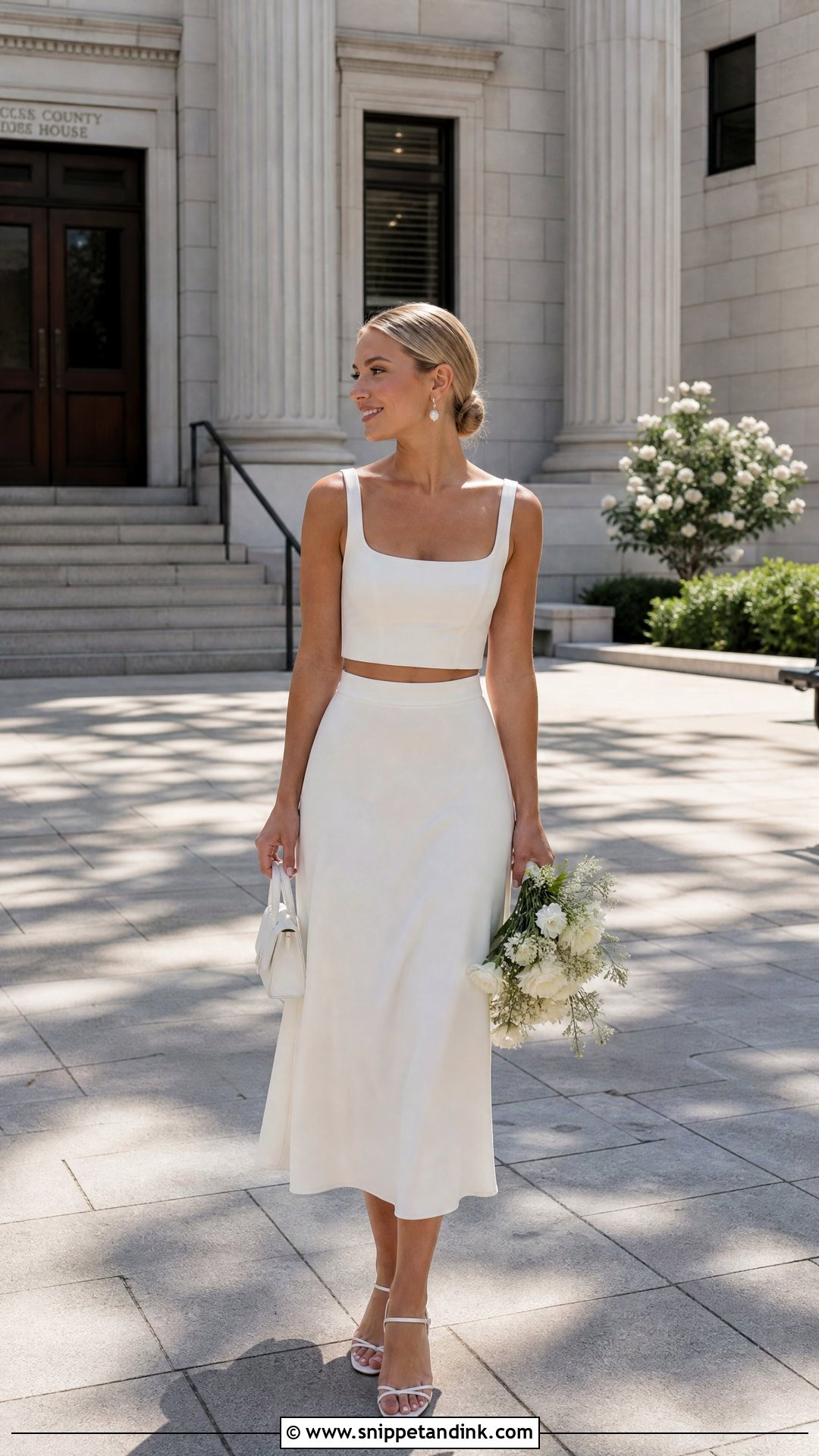 White Two Piece Set Courthouse Wedding Outfit - Snippet and Ink - 25 Casual Courthouse Wedding Outfit Ideas