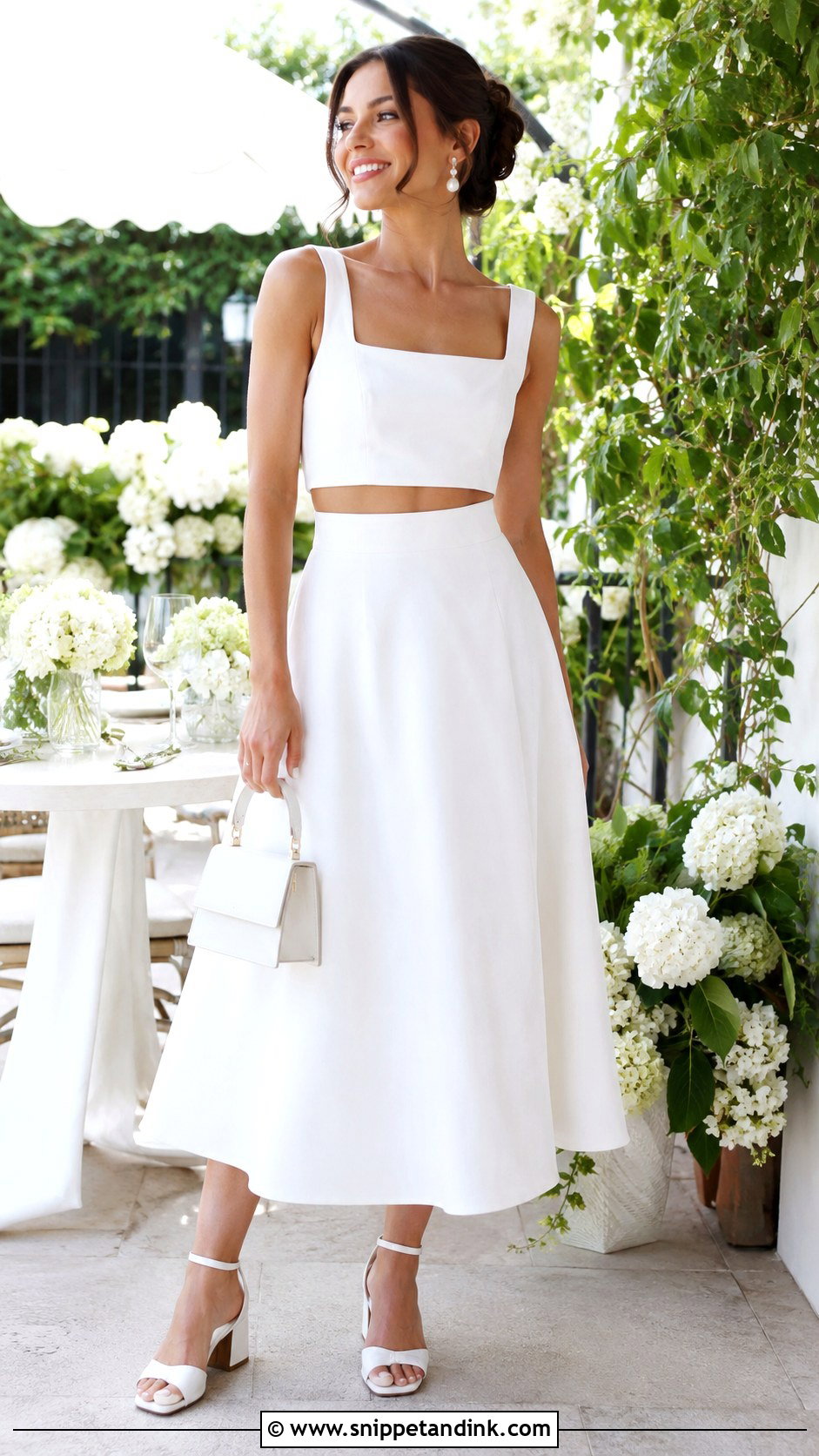 White Two Piece Skirt Set Bachelorette Outfit - Snippet and Ink - 20 Bride to Be Outfit Bachelorette Parties Ideas