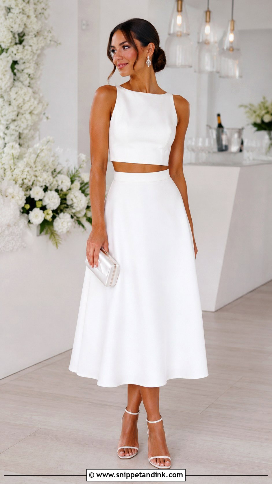 White Two Piece Skirt Set Cocktail Outfit - Snippet and Ink - 20 Cocktail Outfit for Bride Ideas