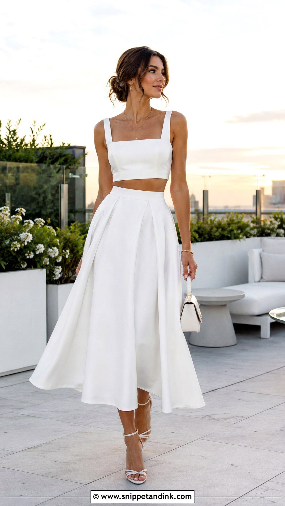 White Two Piece Skirt Set Outfit - Snippet and Ink - 20 Night Before Wedding Outfit Ideas