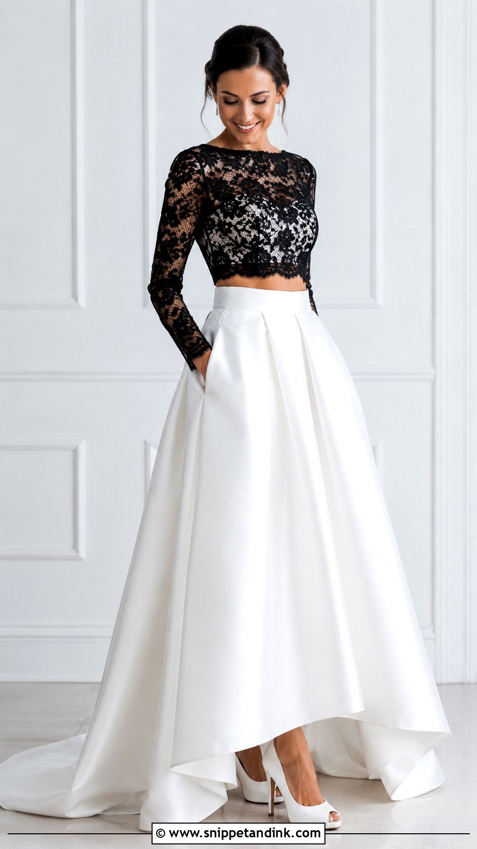 White Two Piece Wedding Dress With Black Lace Top - Snippet and Ink - 25 White Wedding Dress with Black Lace Ideas