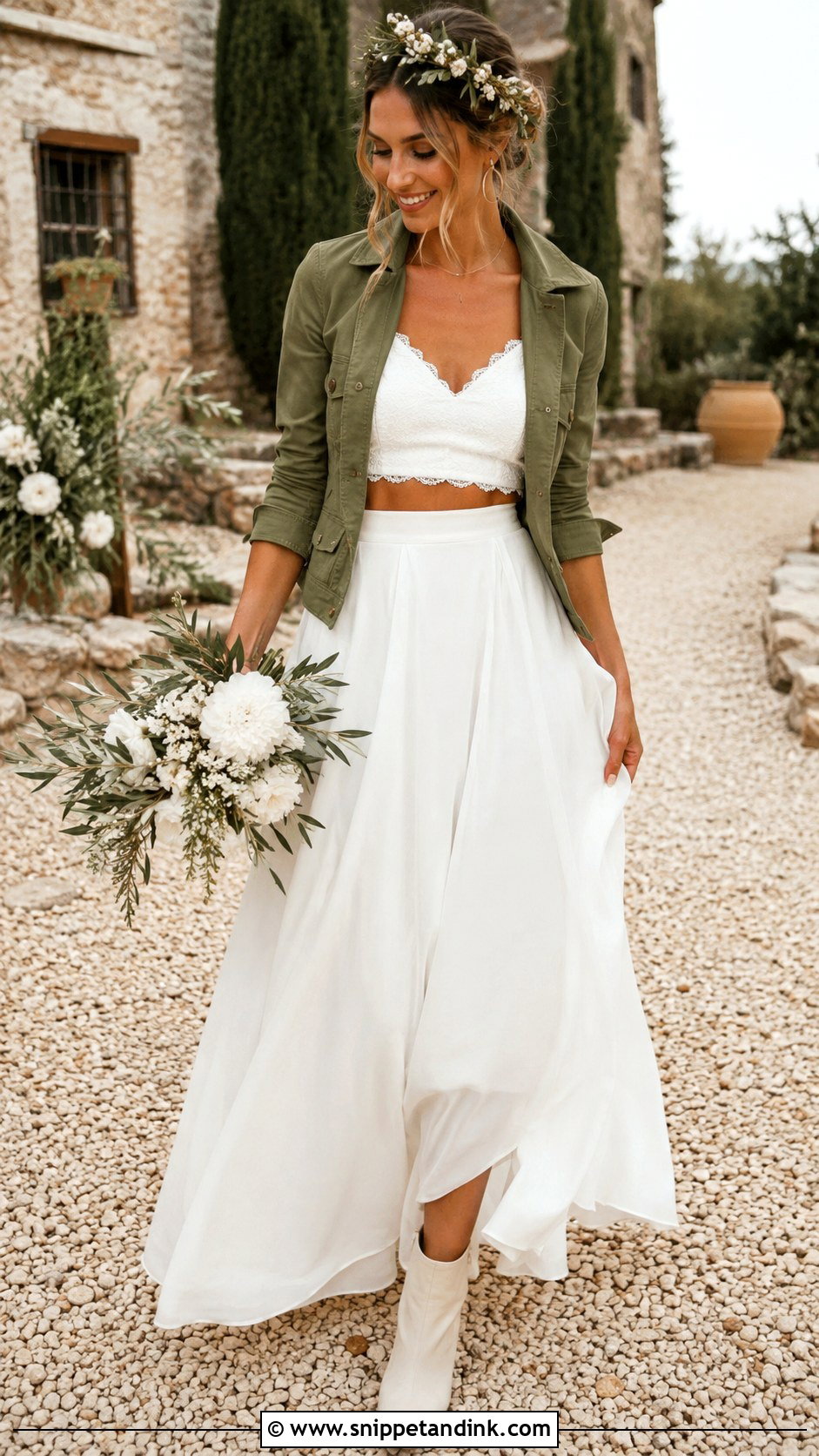 White Two Piece Wedding Dress With Olive Green Jacket - Snippet and Ink - 20 White and Green Wedding Dress Ideas