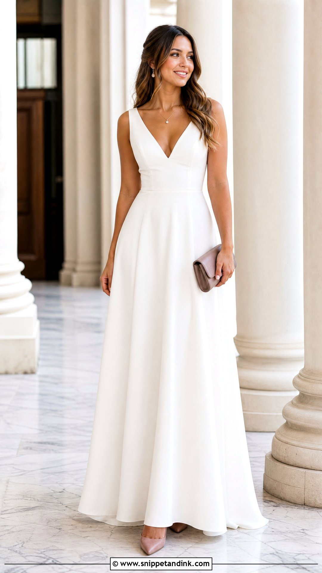 White V Neck Gown With Neutral Heels - Snippet and Ink - 25 Simple White Gown Ideas