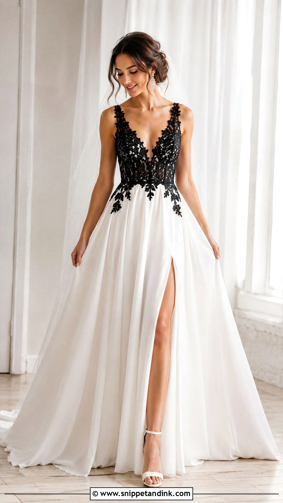 White V Neck Wedding Dress With Black Lace Bodice - Snippet and Ink - 25 White Wedding Dress with Black Lace Ideas