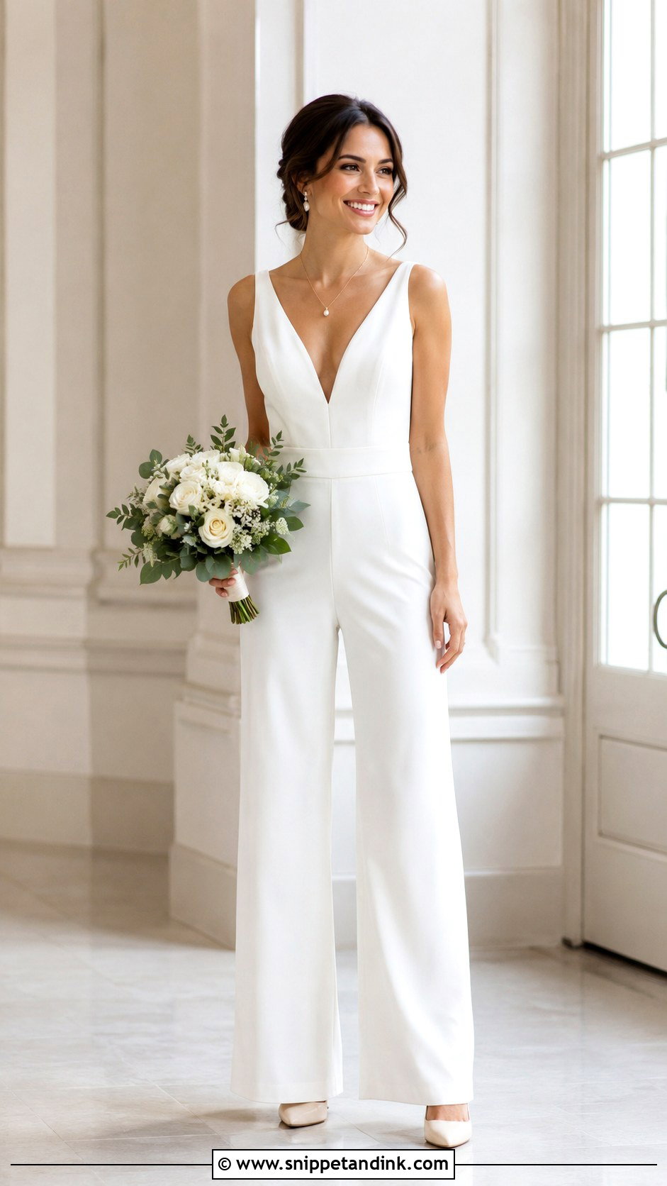 White V Neck Wedding Jumpsuit - Snippet and Ink - 30 White Wedding Jumpsuit Ideas