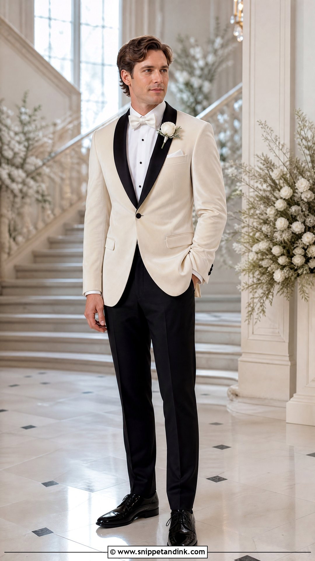 White Velvet Dinner Jacket Winter Wedding Outfit - Snippet and Ink - 20 White Dinner Jacket Wedding Ideas