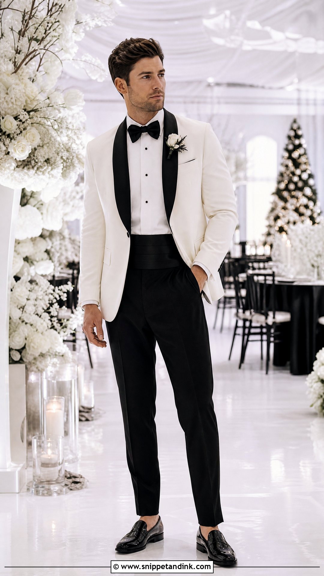 White Velvet Tuxedo Jacket With Black Pants - Snippet and Ink - 20 White and Black Tuxedo Wedding Ideas