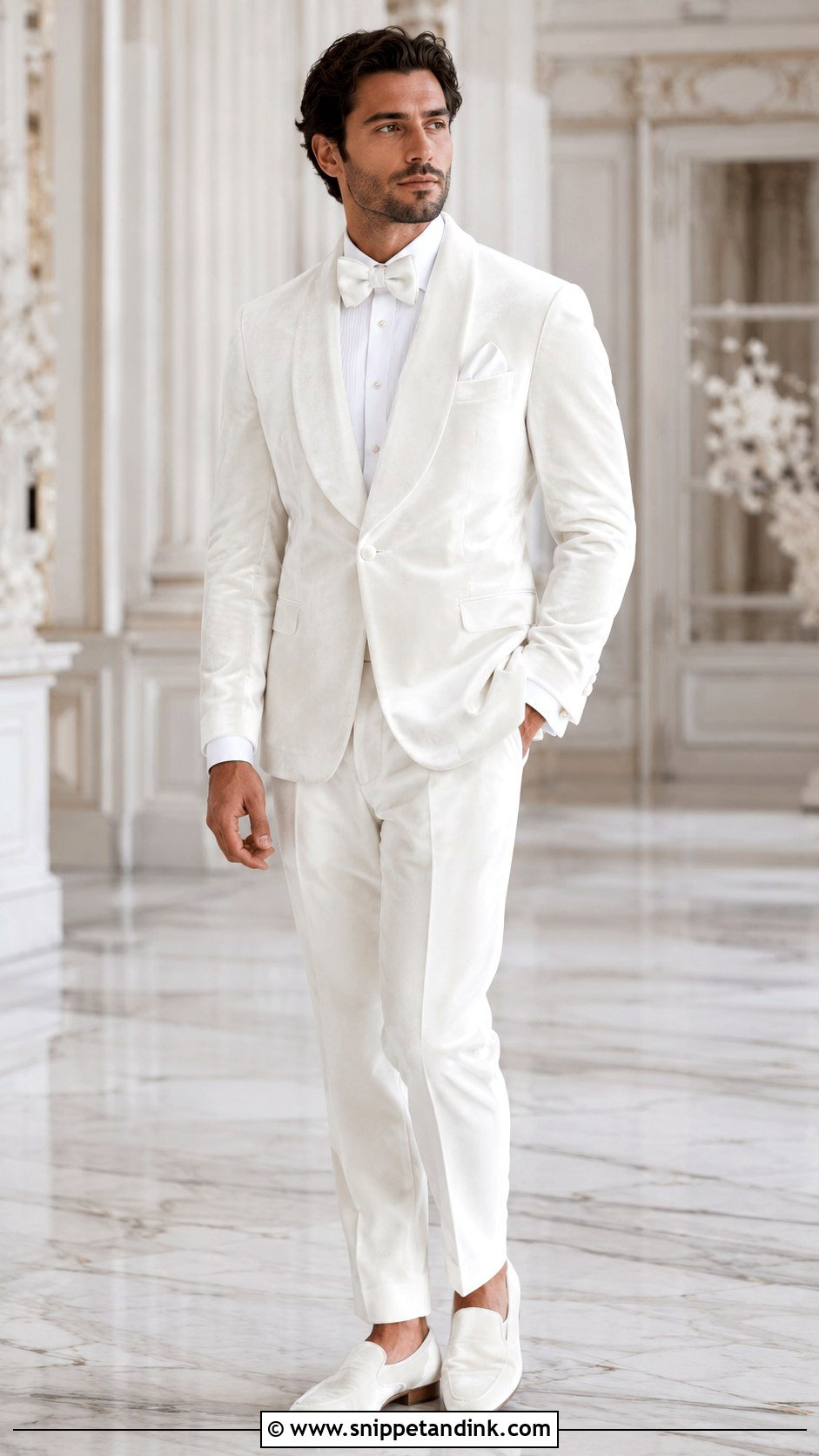 White Velvet Tuxedo - Snippet and Ink - 20 All White Tuxedo Wedding Ideas