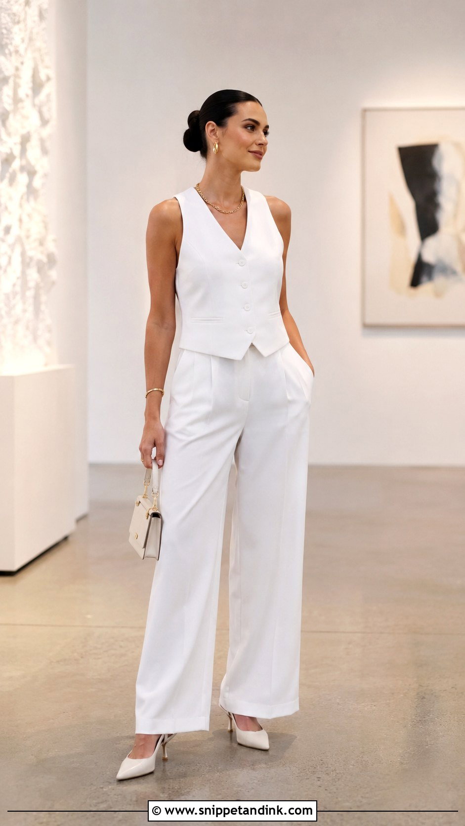 White Vest And Trouser Outfit - Snippet and Ink - 25 Rehearsal Dinner Outfit for Bride Ideas