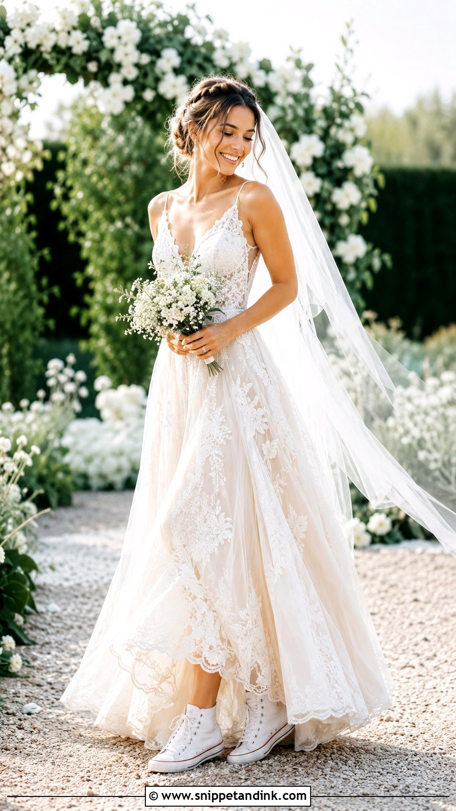 White Wedding Converse With A Lace Dress - Snippet and Ink - 30 Wedding Converse Ideas