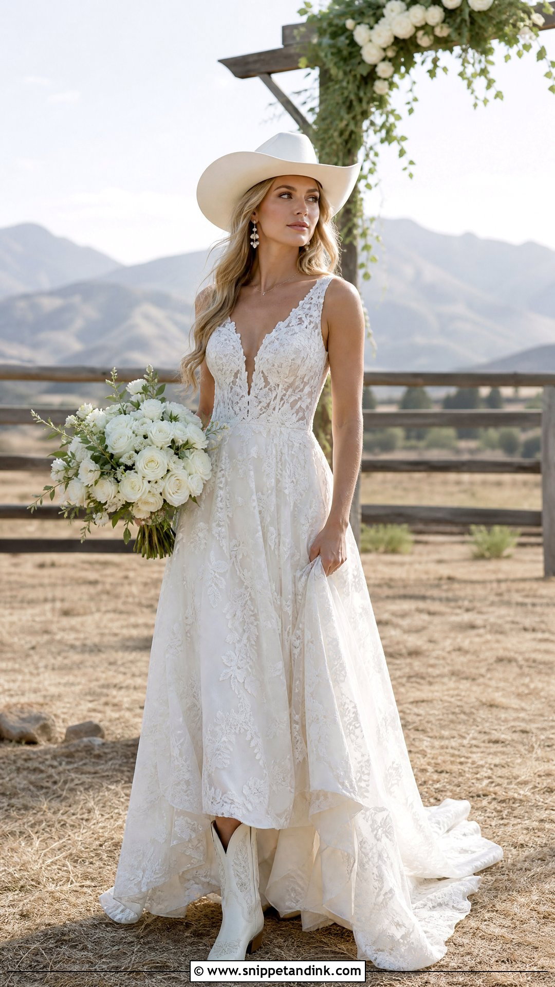 White Wedding Cowgirl Hat With Lace Gown - Snippet and Ink - 20 Wedding Cowgirl Hat Ideas