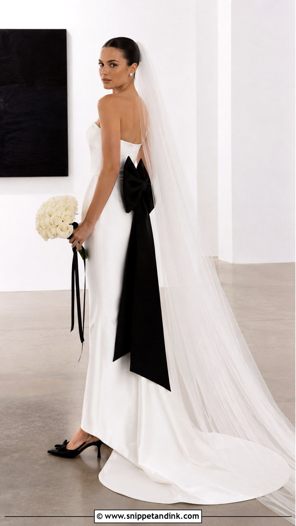 White Wedding Dress With Black Bow - Snippet and Ink - 20 Black and White Wedding Dresses