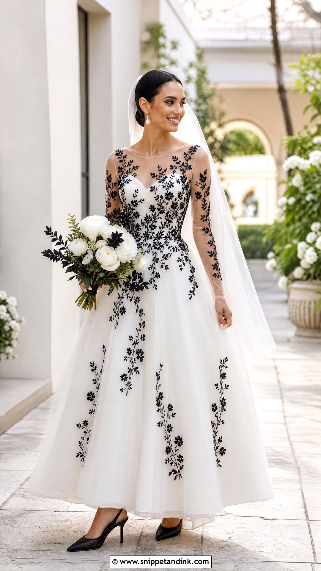 White Wedding Dress With Black Floral Embroidery - Snippet and Ink - 20 White Wedding Dress with Black Accents Ideas