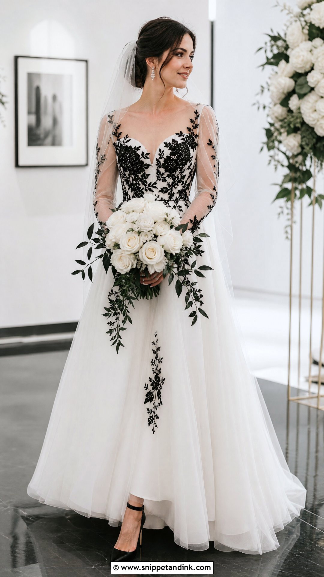 White Wedding Dress With Black Lace Appliques - Snippet and Ink - 20 White Wedding Dress with Black Accents Ideas