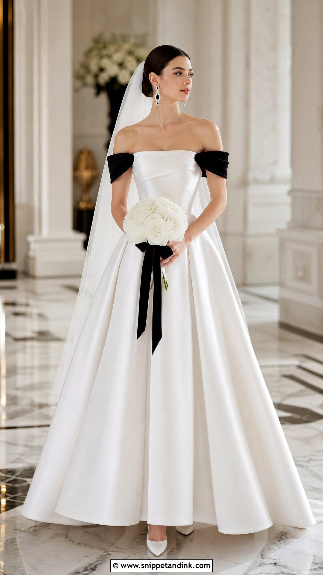 White Wedding Dress With Black Off Shoulder Straps - Snippet and Ink - 20 White Wedding Dress with Black Accents Ideas