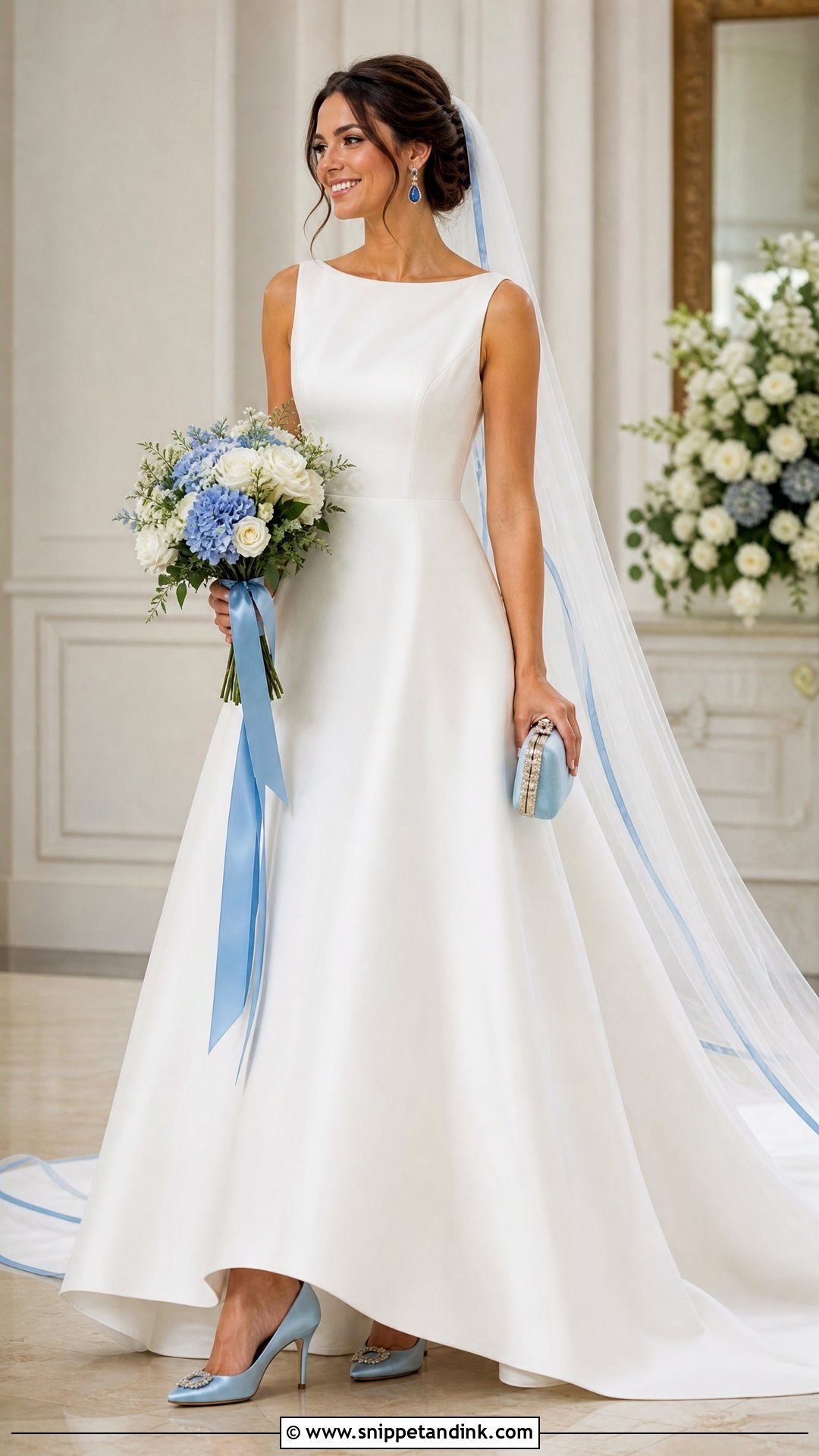 White Wedding Dress With Blue Accessories - Snippet and Ink - 20 Blue Bride Ideas