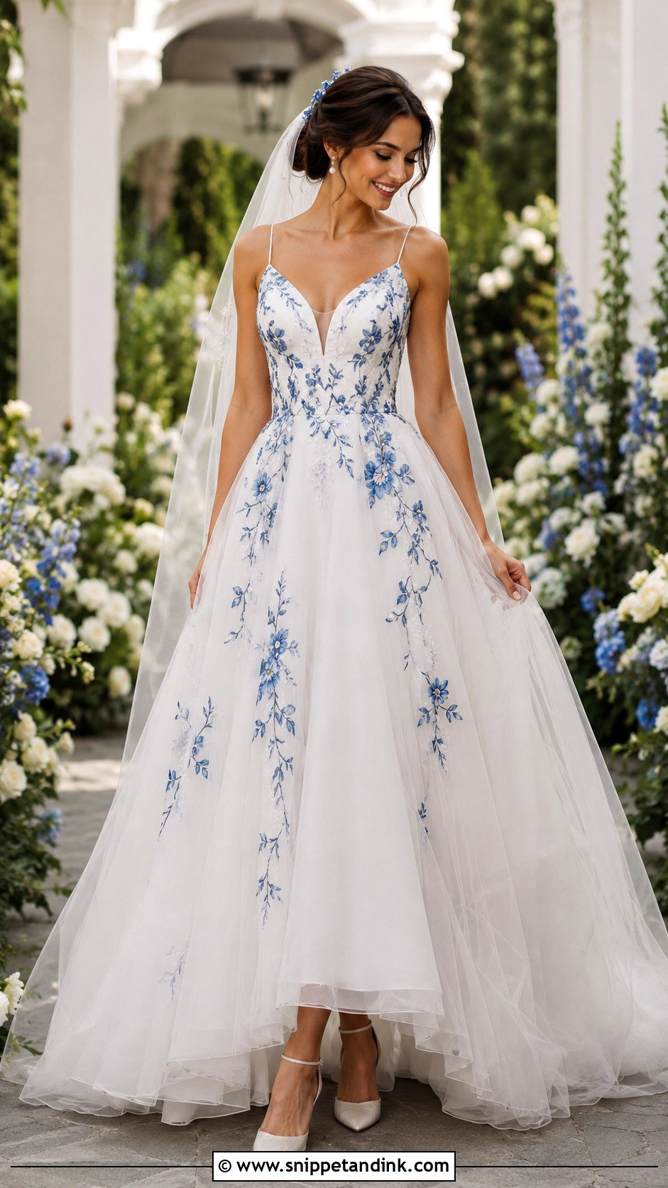 White Wedding Dress With Blue Floral Embroidery - Snippet and Ink - 25 Wedding Dress with Blue Accents Ideas