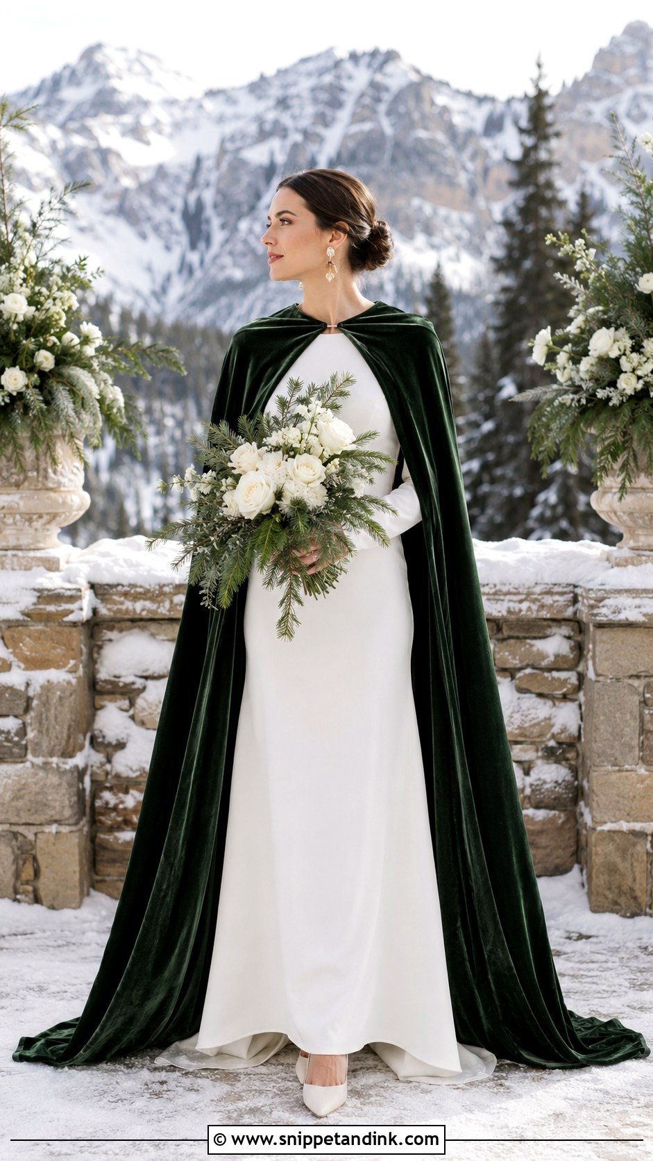 White Wedding Dress With Forest Green Velvet Cape - Snippet and Ink - 20 White and Green Wedding Dress Ideas
