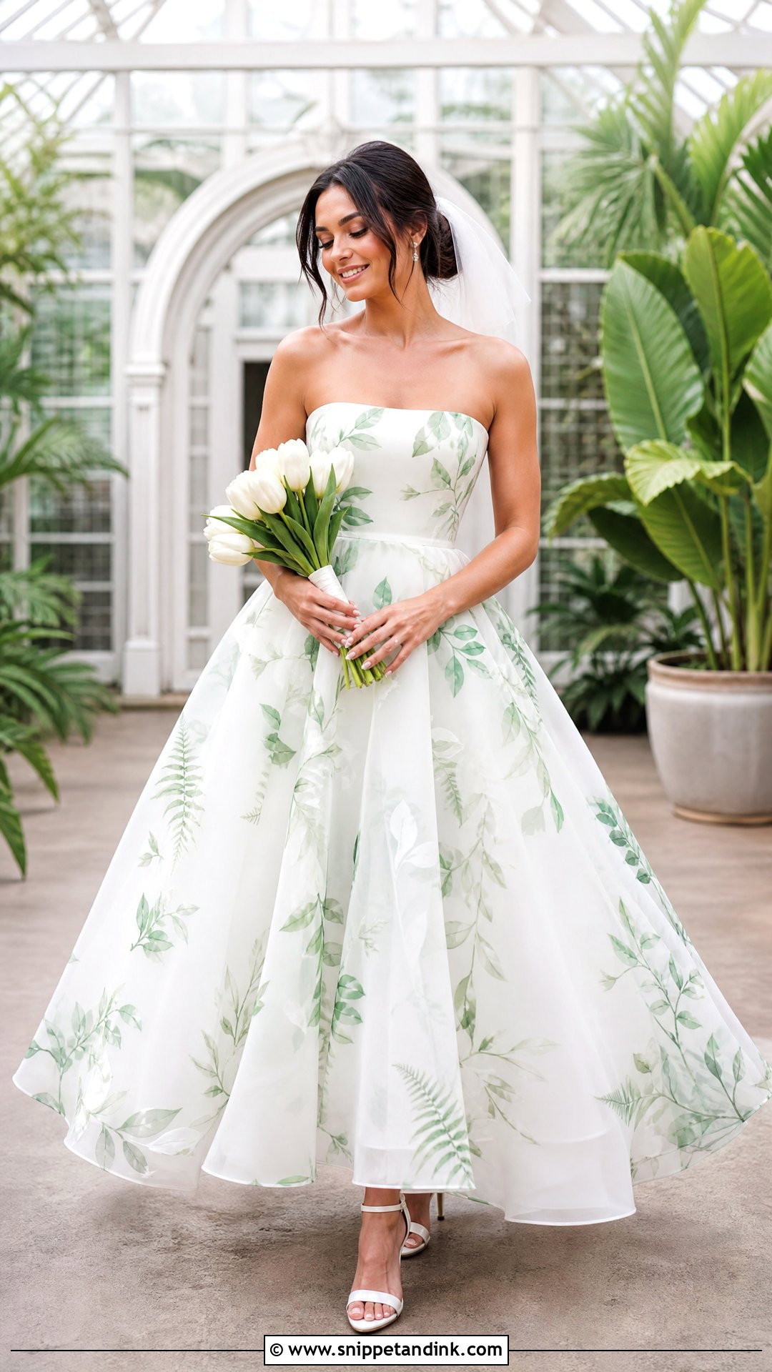 White Wedding Dress With Green Botanical Print - Snippet and Ink - 20 Wedding Dress with Green Accents Ideas