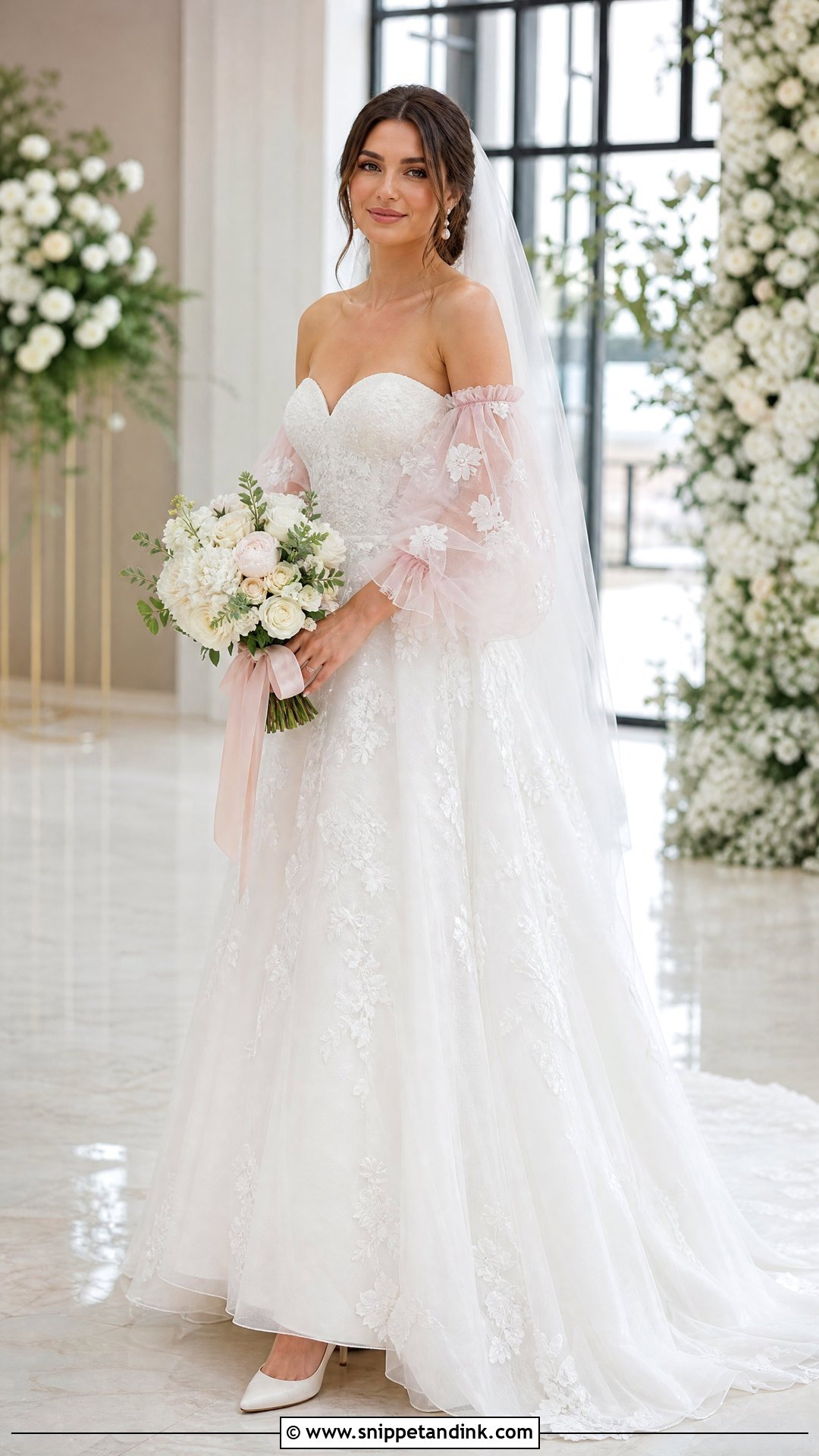 White Wedding Dress With Pink Detachable Sleeves - Snippet and Ink - 25 Pink and White Wedding Dress Ideas