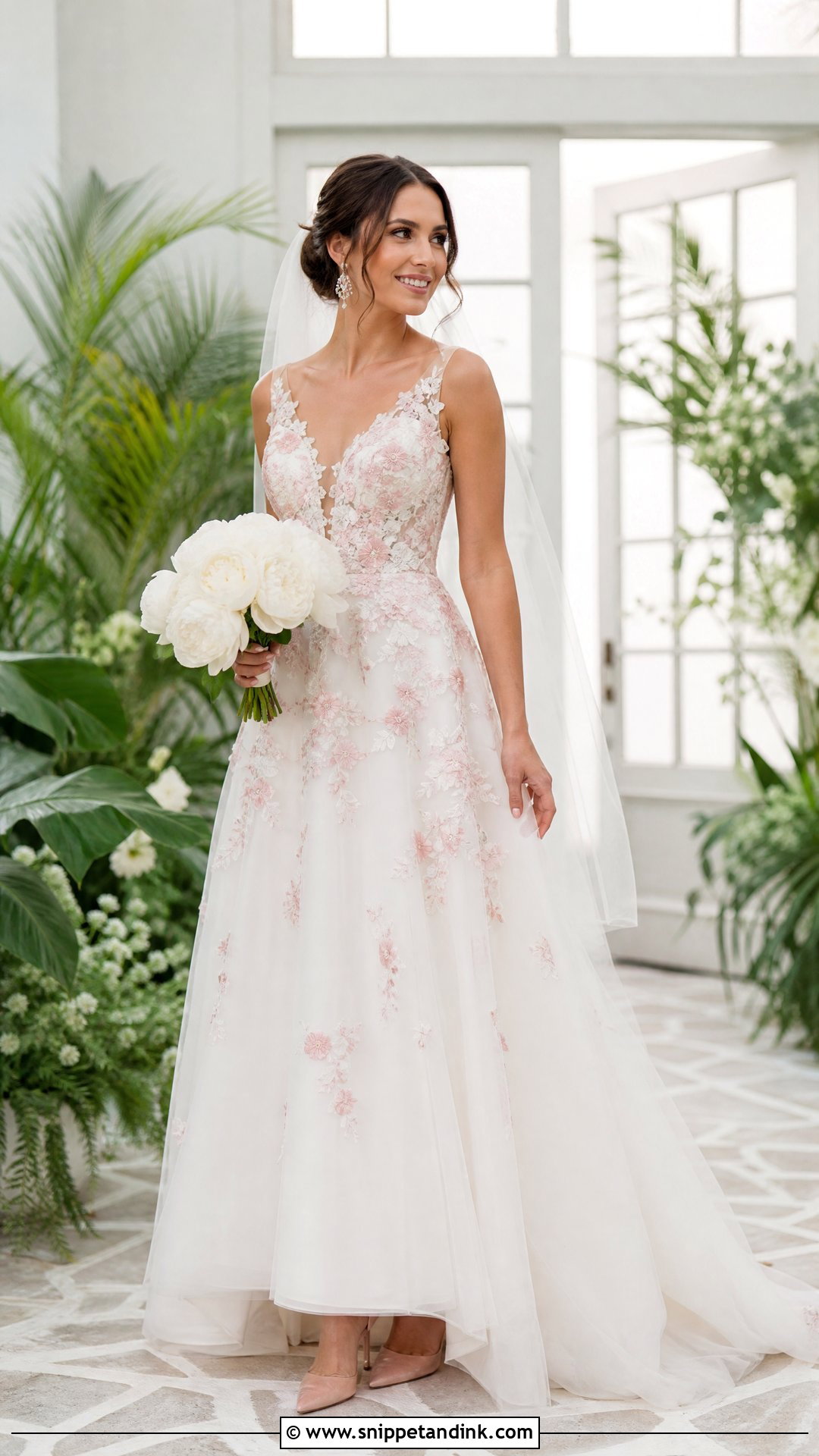 White Wedding Dress With Pink Floral Applique - Snippet and Ink - 25 Pink and White Wedding Dress Ideas