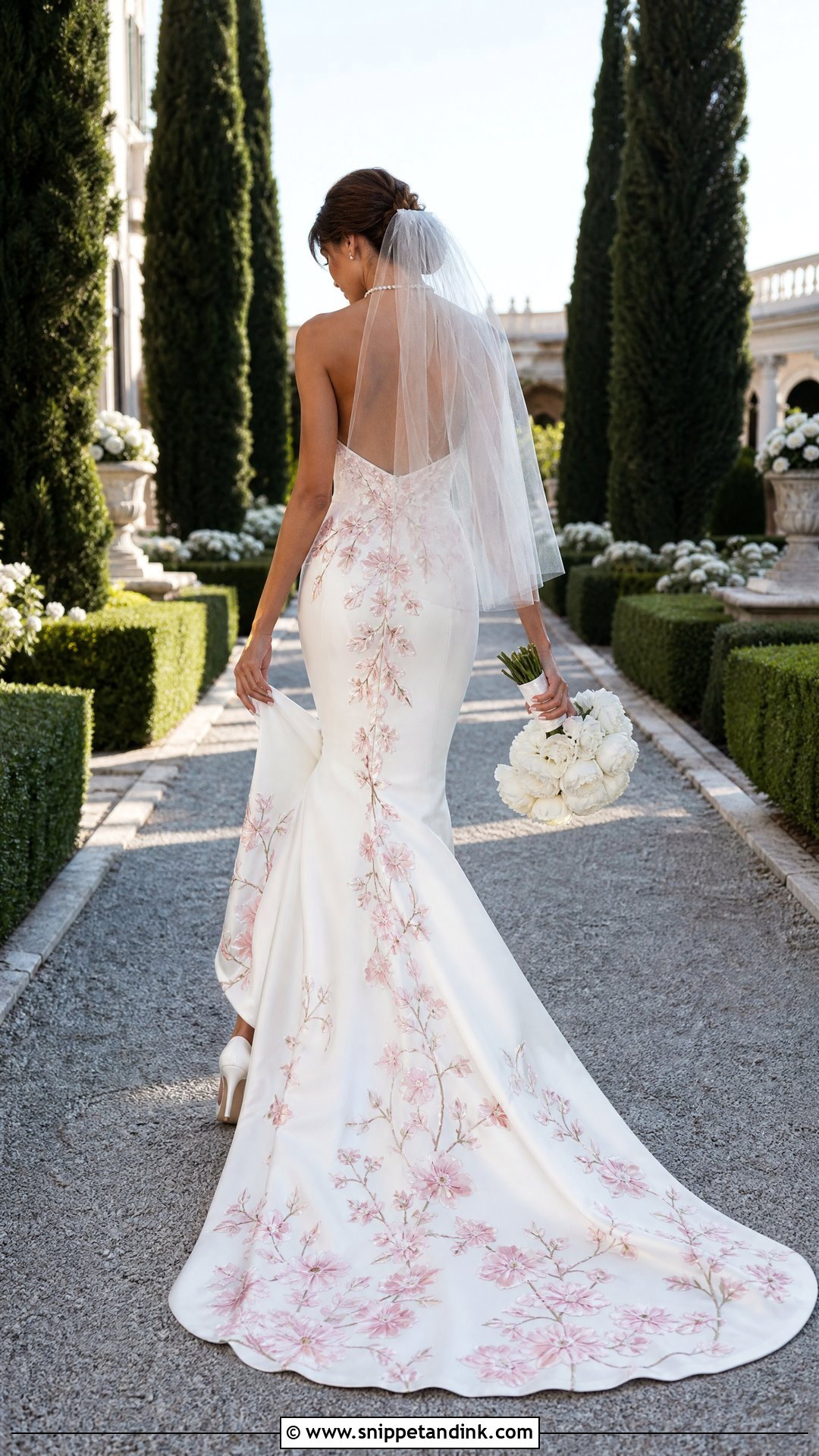 White Wedding Dress With Pink Floral Train - Snippet and Ink - 25 Pink and White Wedding Dress Ideas