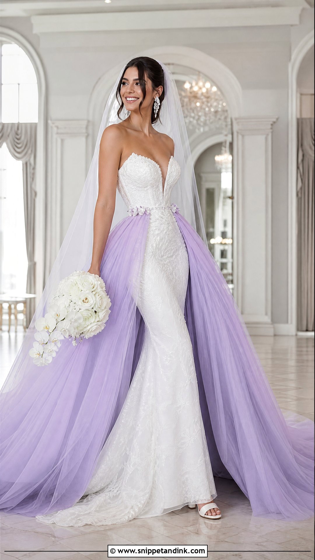 White Wedding Dress With Purple Overskirt - Snippet and Ink - 25 Purple and White Wedding Dress Ideas