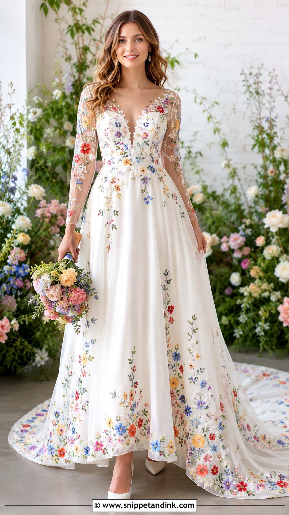 White Wedding Dress With Rainbow Embroidery - Snippet and Ink - 25 Rainbow Wedding Dress Ideas