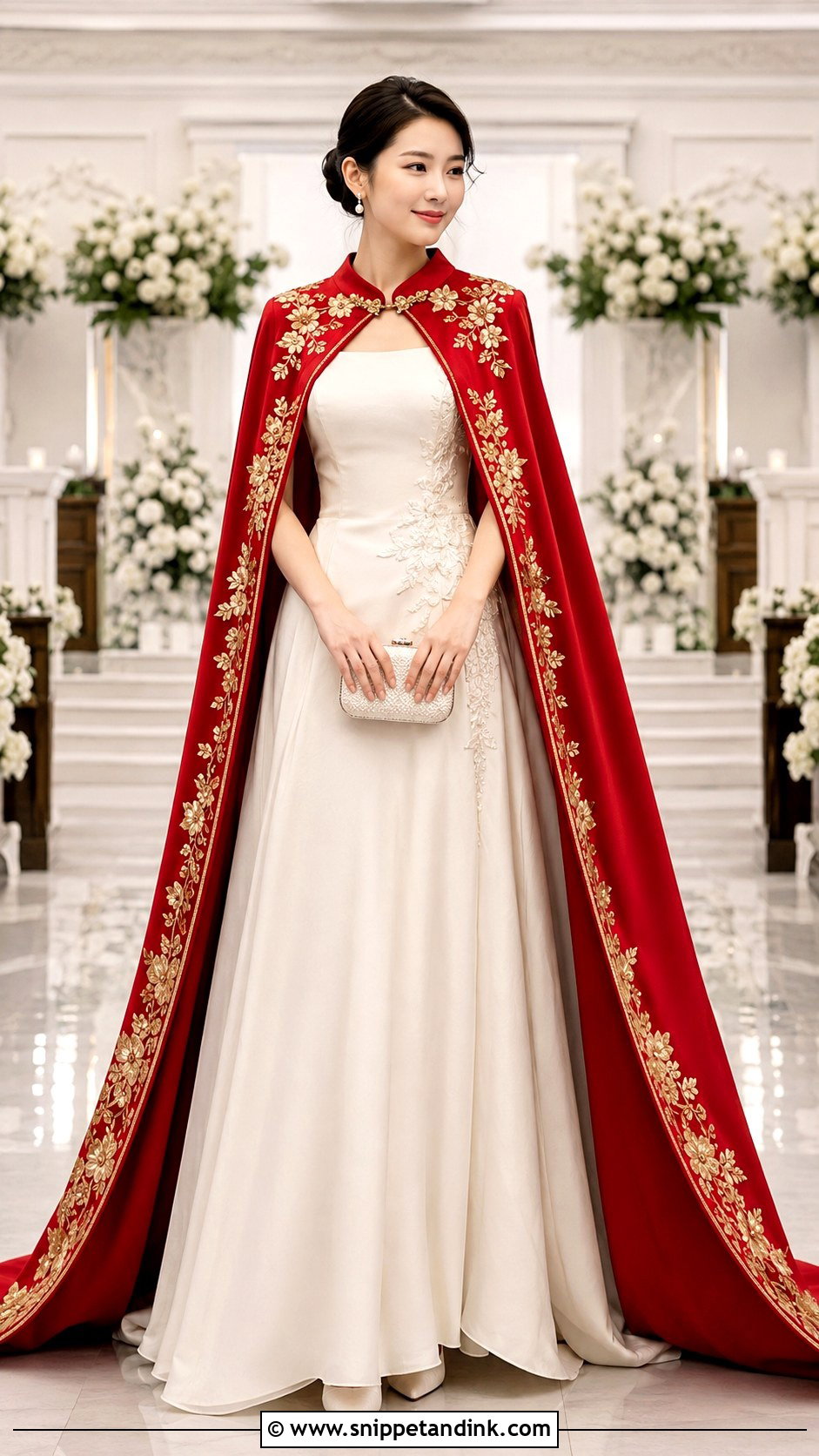 White Wedding Gown With Red Cape Outfit - Snippet and Ink - 20 Chinese Wedding Outfits