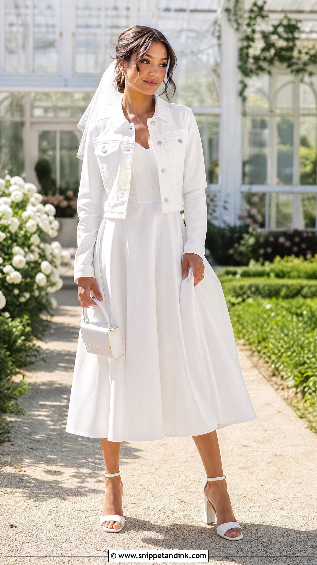 White Wedding Jean Jacket With Tea Length Dress - Snippet and Ink - 20 Wedding Jean Jacket Ideas