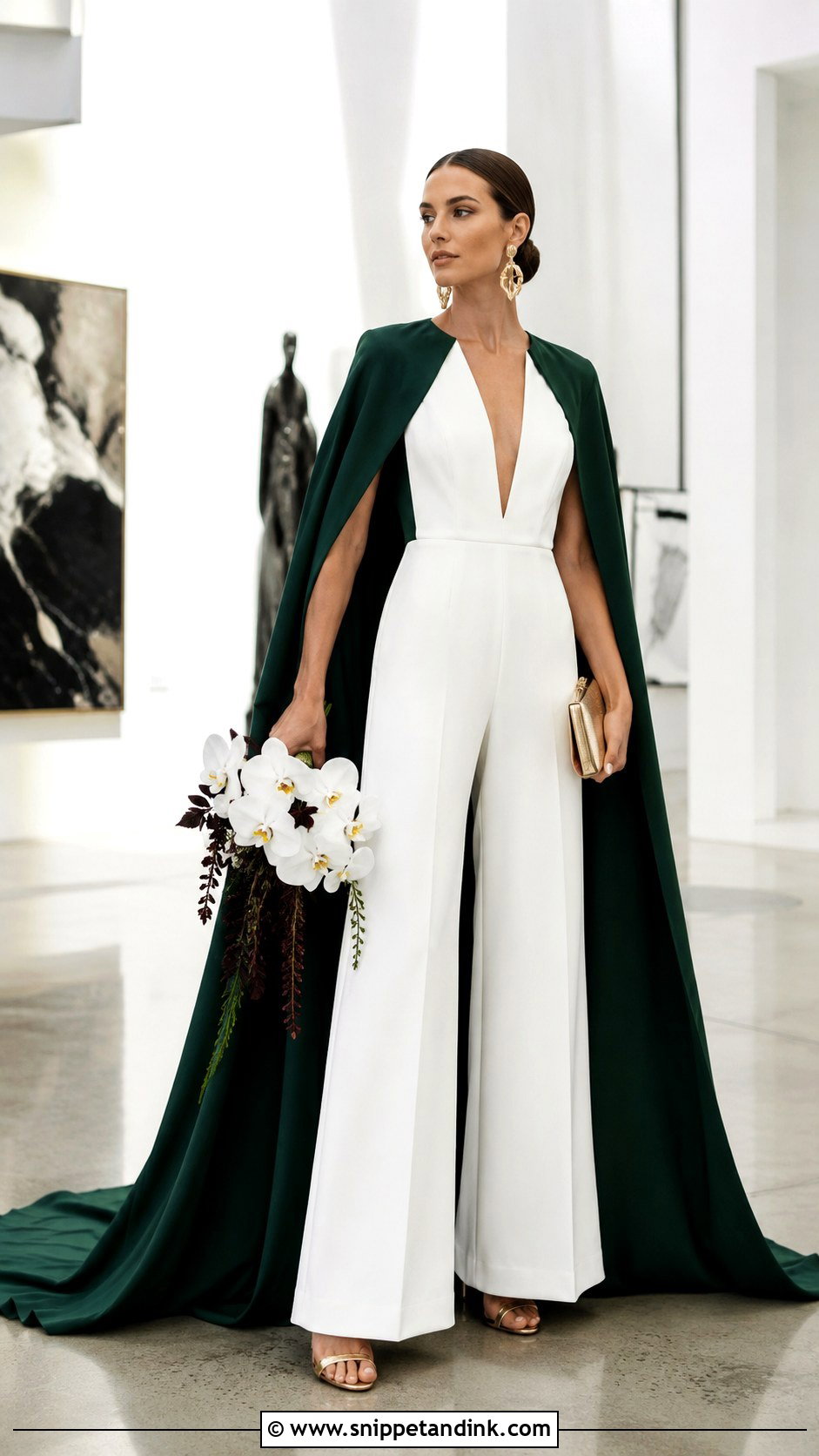 White Wedding Jumpsuit With Forest Green Cape - Snippet and Ink - 20 White and Green Wedding Dress Ideas