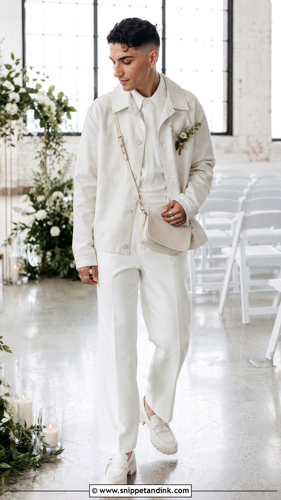 White Wedding Jumpsuit With Overshirt - Snippet and Ink - 20 Masc Wedding Dress Ideas