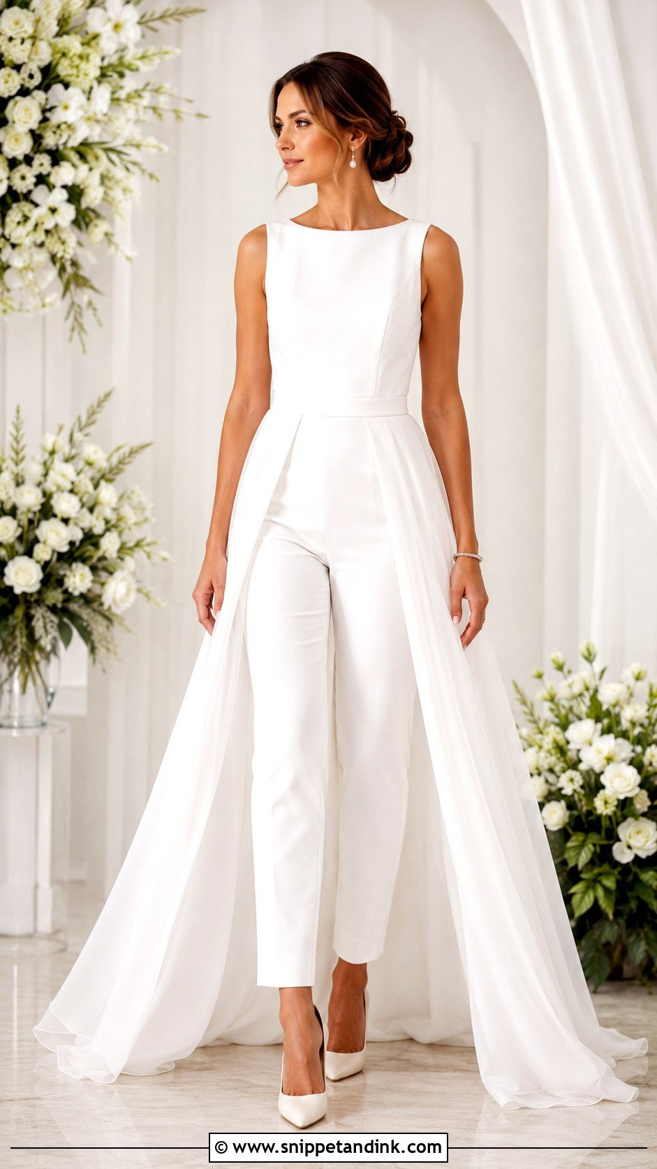 White Wedding Jumpsuit With Overskirt - Snippet and Ink - 30 White Wedding Jumpsuit Ideas