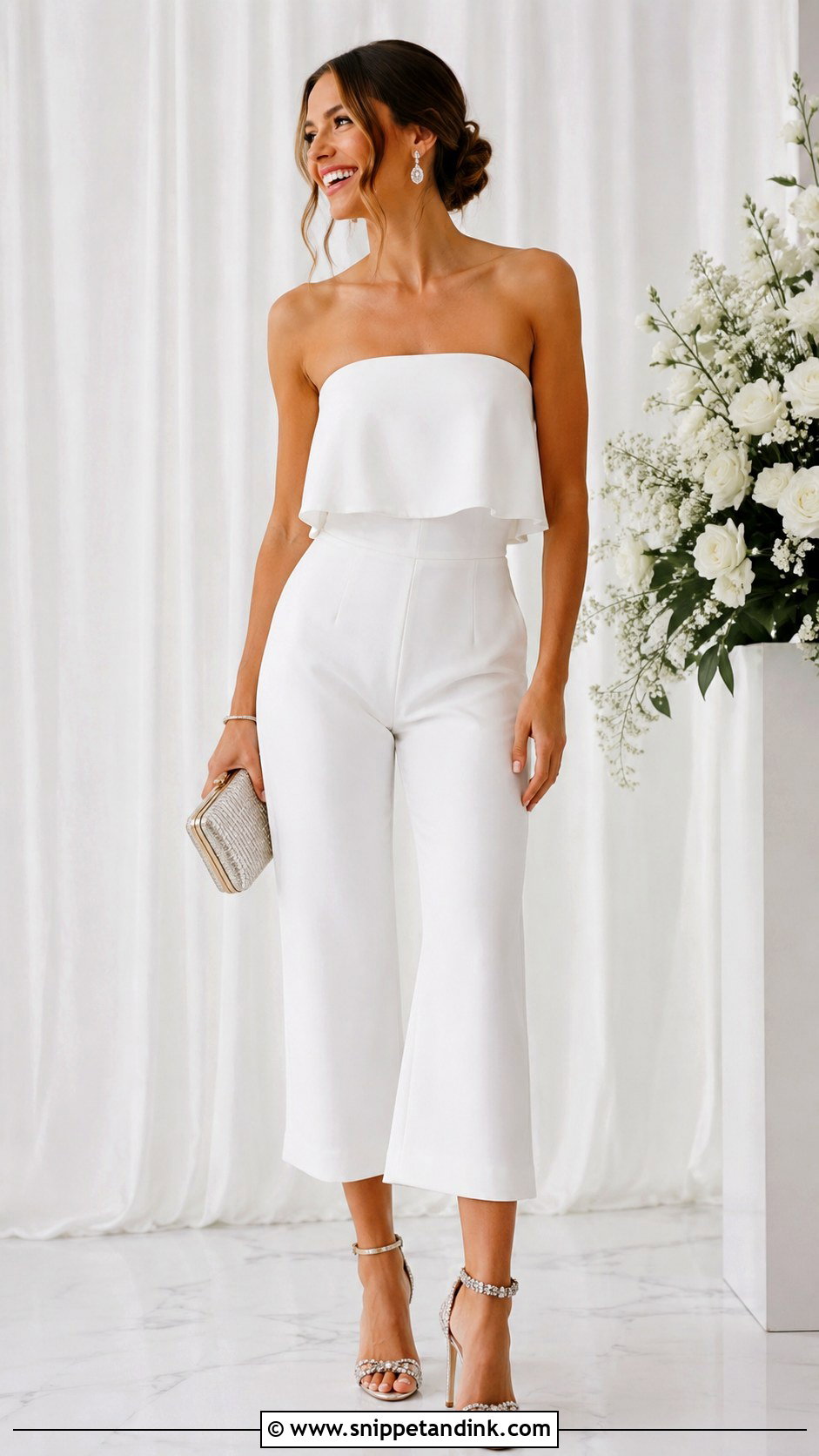 White Wedding Jumpsuit With Statement Heels - Snippet and Ink - 30 White Wedding Jumpsuit Ideas