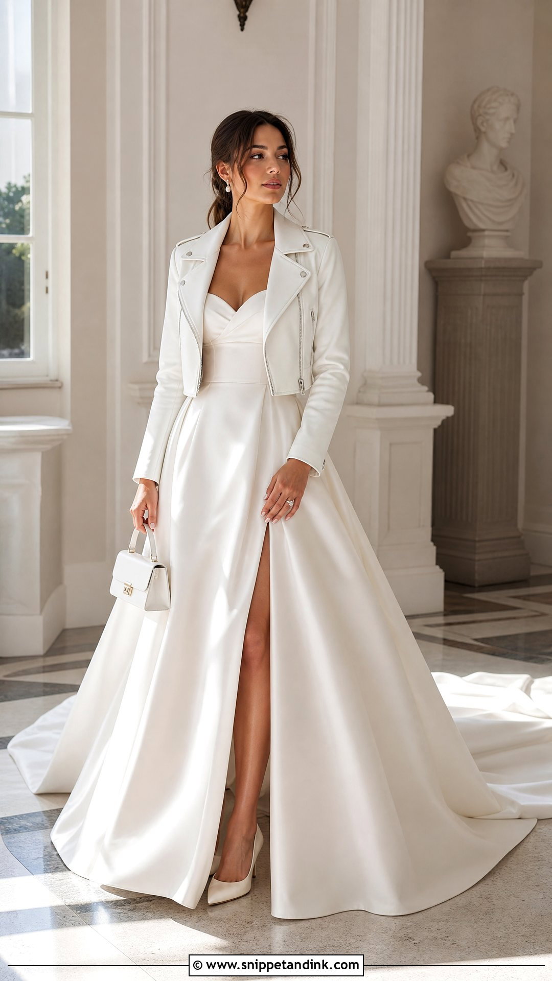 White Wedding Leather Jacket With Ball Gown - Snippet and Ink - 20 Wedding Leather Jacket Ideas