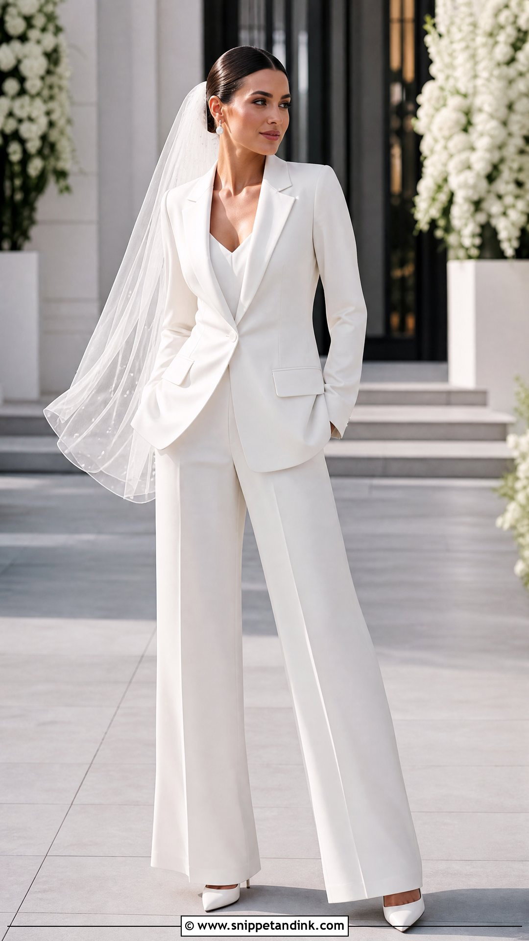 White Wedding Pantsuit With Veil - Snippet and Ink - 20 White Suit for Wedding Ideas