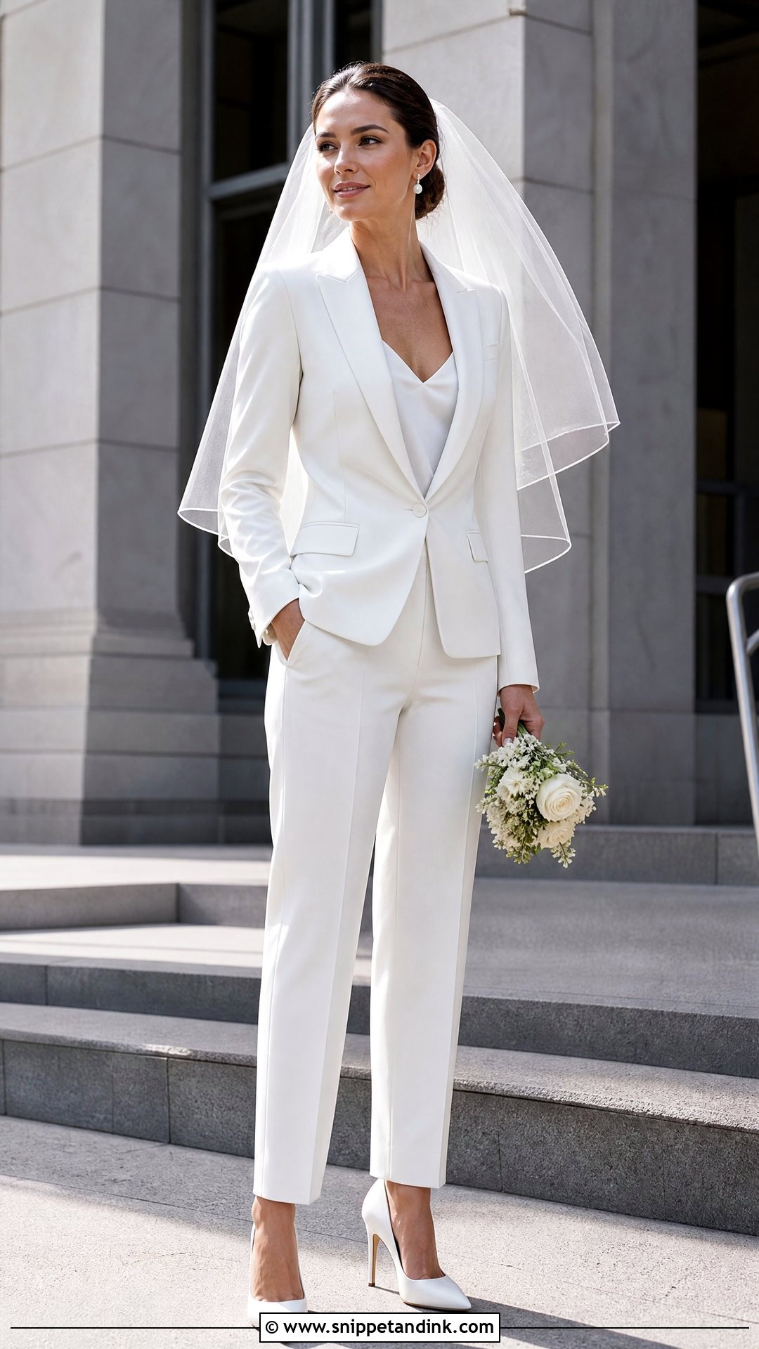 White Wedding Pantsuit With Veil - Snippet and Ink - 20 White Suit Wedding Women Ideas