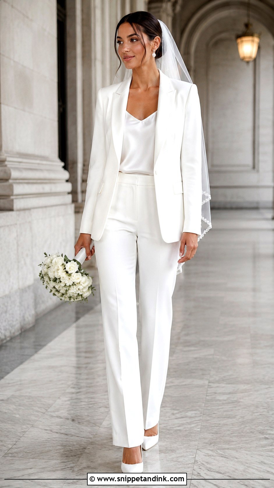 White Wedding Pantsuit With Veil - Snippet and Ink - 30 White Wedding Suit Ideas