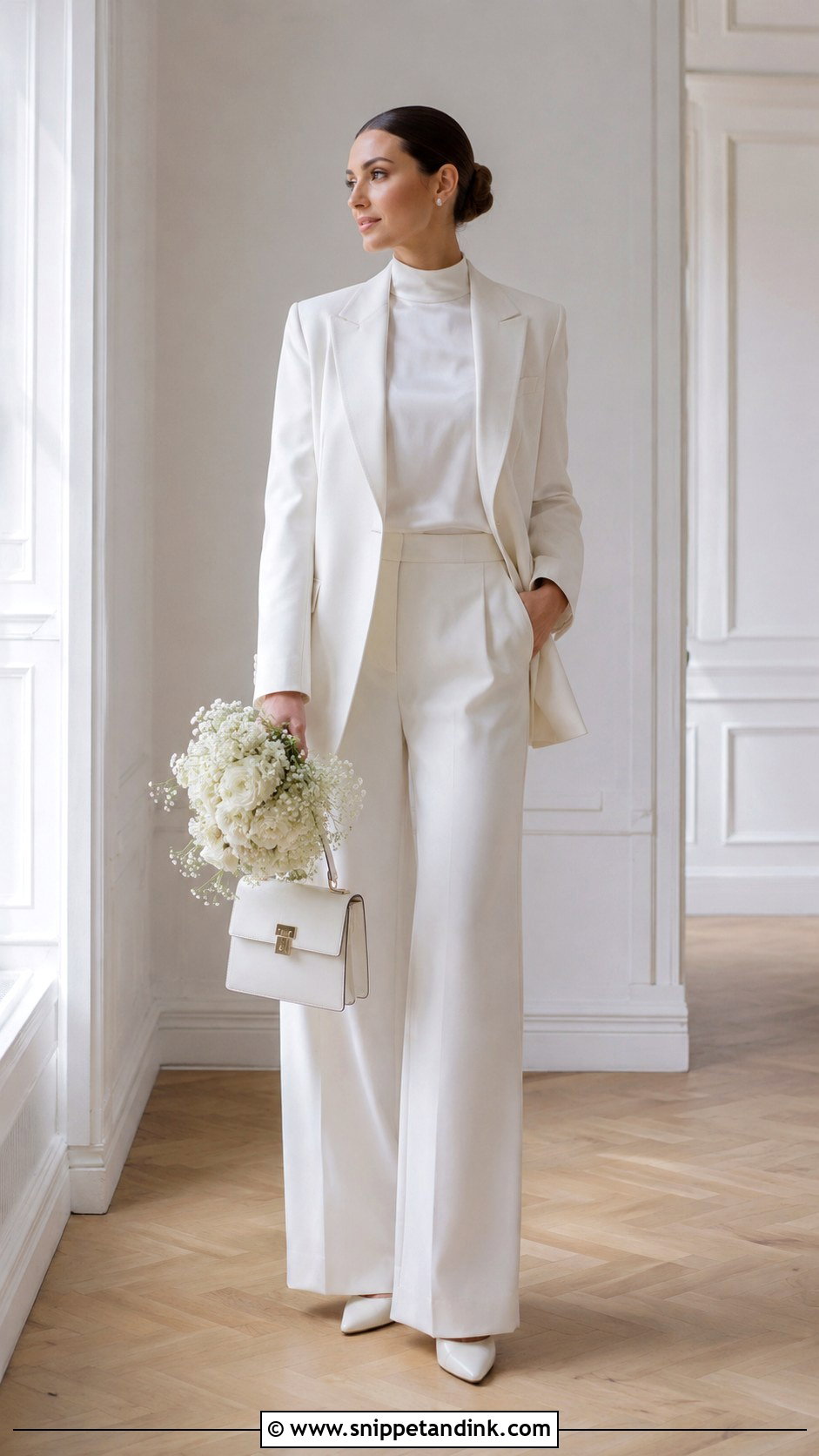 White Wedding Suit With High Neck Top - Snippet and Ink - 30 White Wedding Suit Ideas