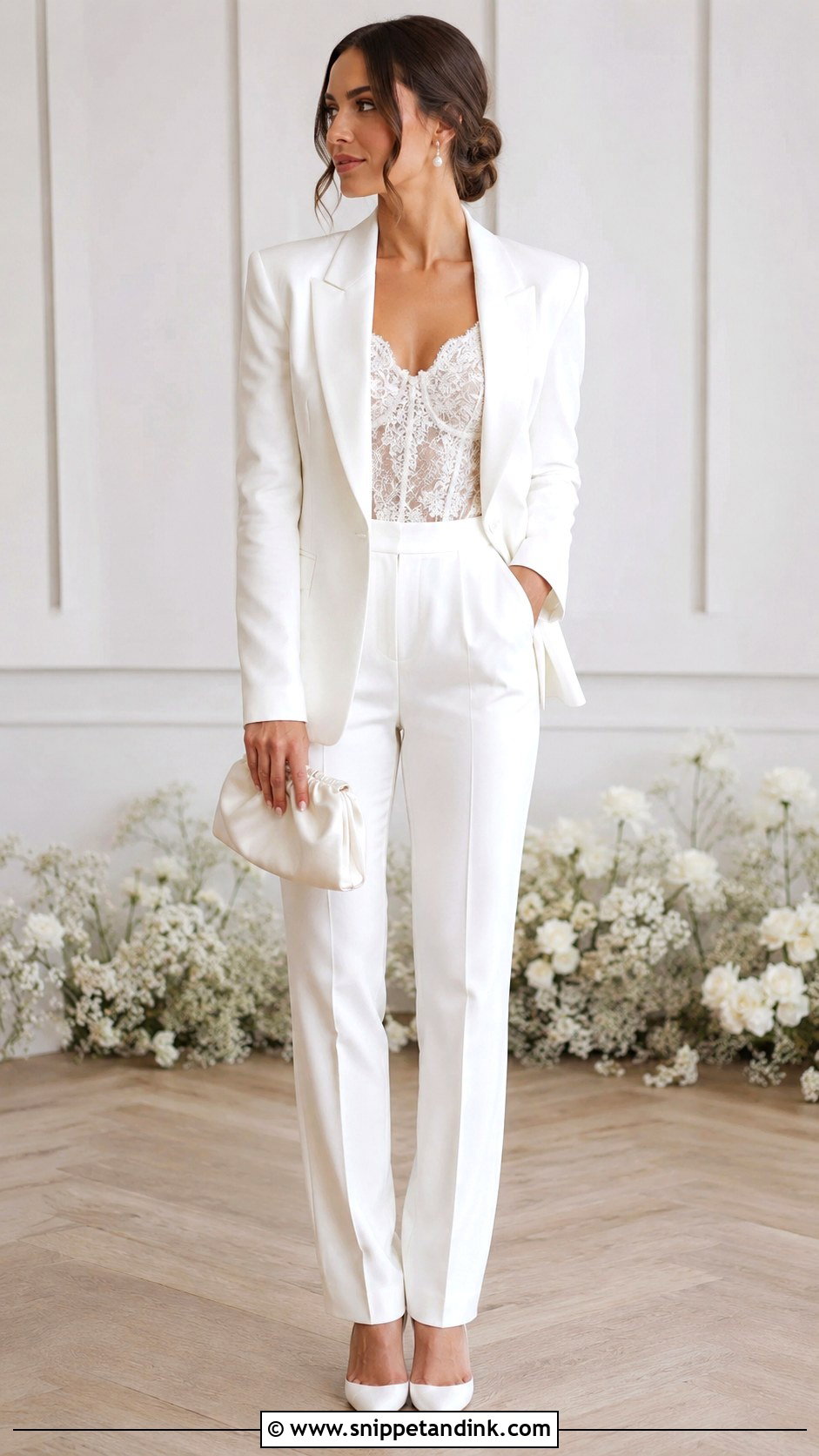 White Wedding Suit With Lace Bodysuit - Snippet and Ink - 30 White Wedding Suit Ideas