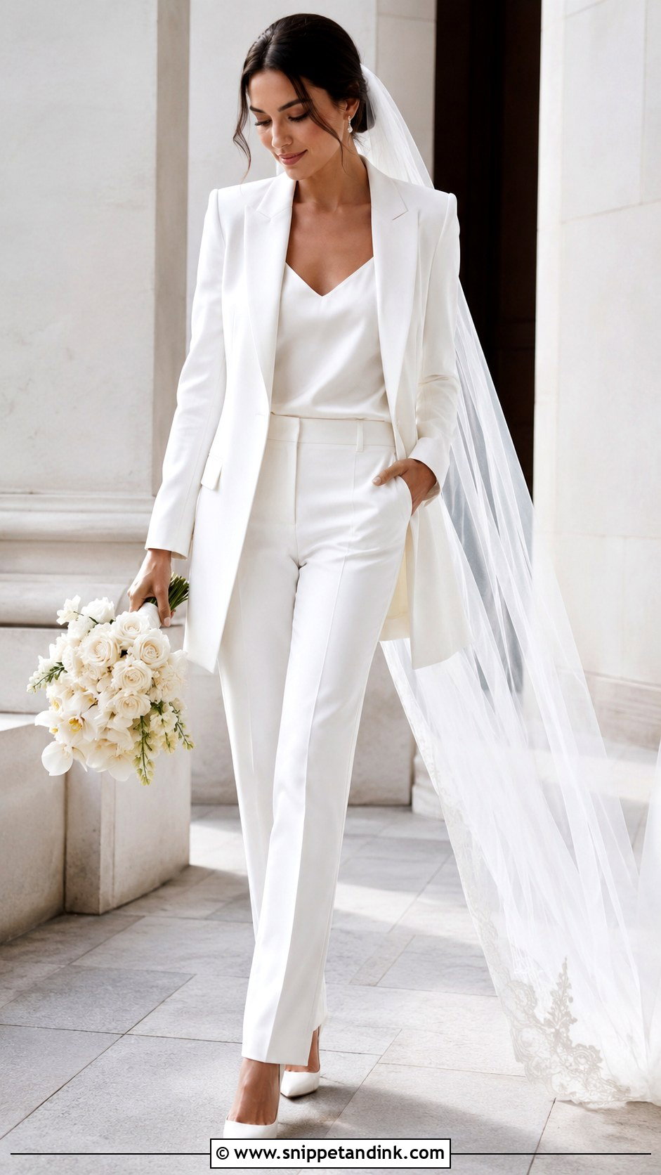 White Wedding Suit With Longline Blazer - Snippet and Ink - 30 White Wedding Suit Ideas