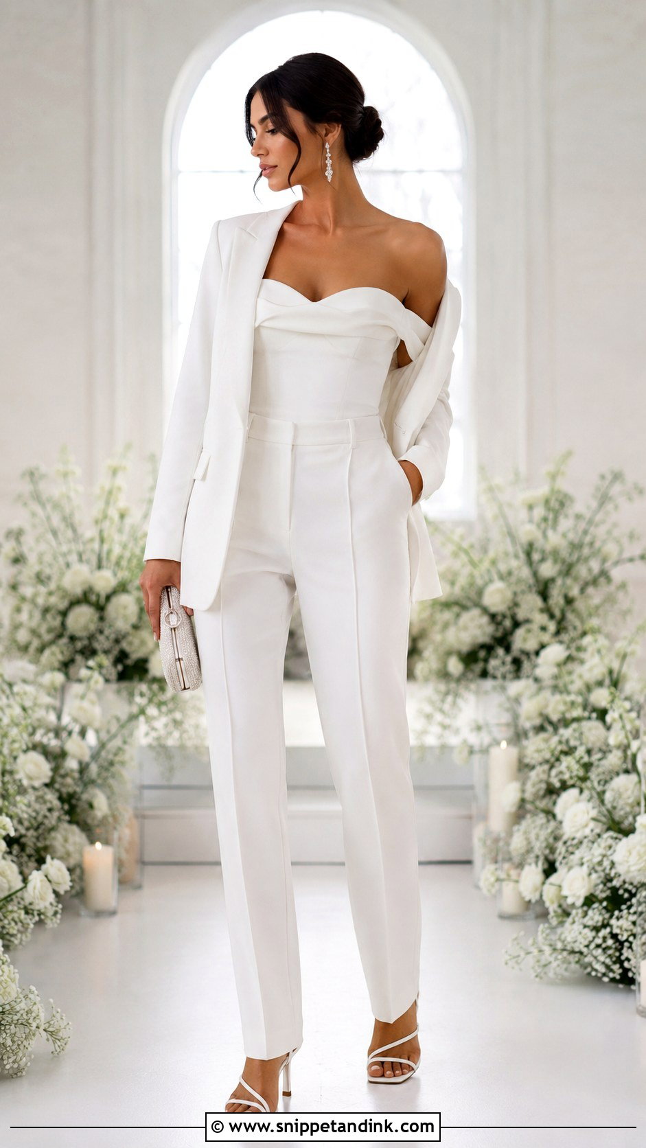 White Wedding Suit With Off Shoulder Top - Snippet and Ink - 30 White Wedding Suit Ideas
